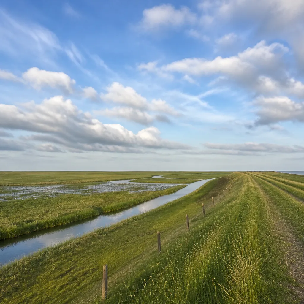 Weite Marschlandschaft mit Deichen unter großem Himmel in Aventoft, Nordfriesland