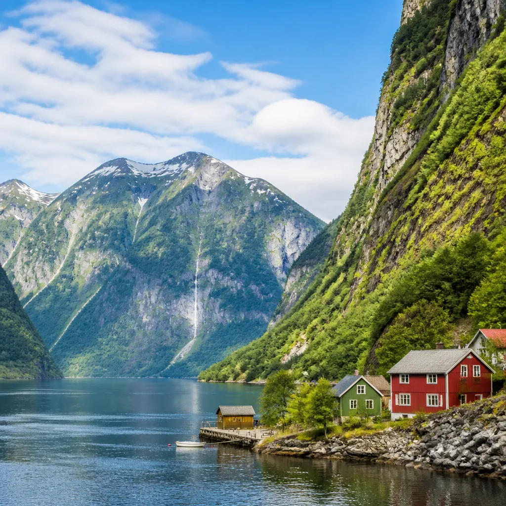 Fjordlandschaft in Südnorwegen mit steilen Felsen, ruhigem Wasser und kleinen Holzhäusern am Ufer