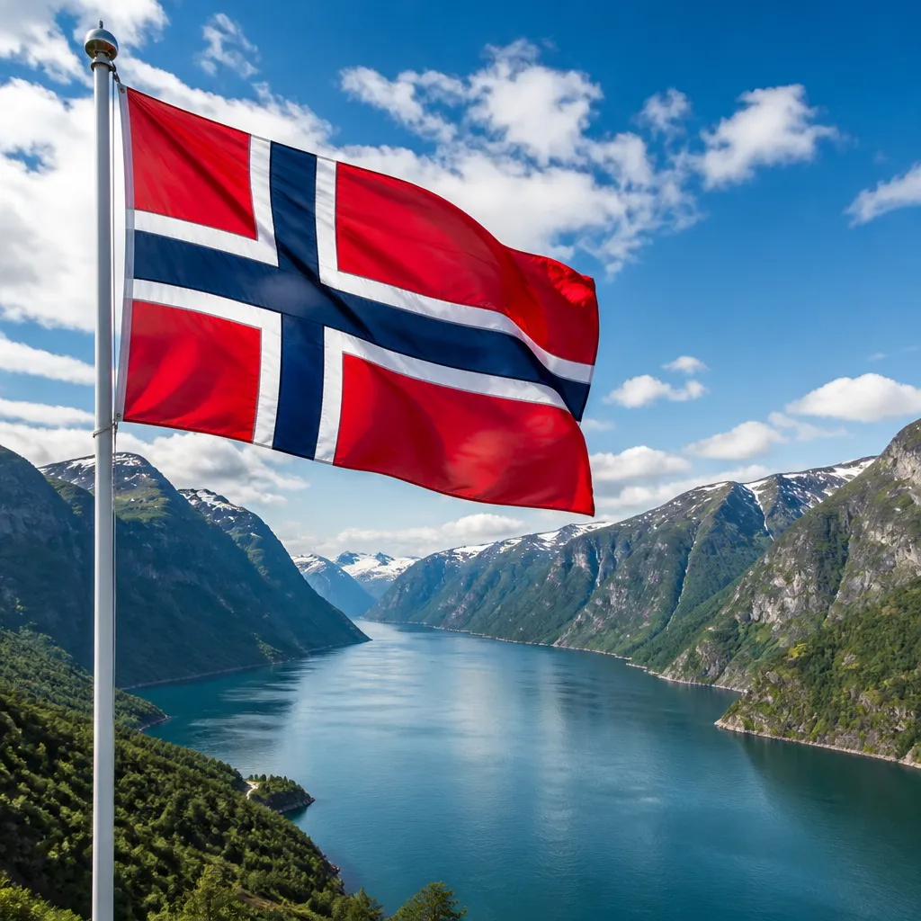 Norwegische Flagge mit rotem Grund und blau-weissem Kreuz vor einer Fjordlandschaft