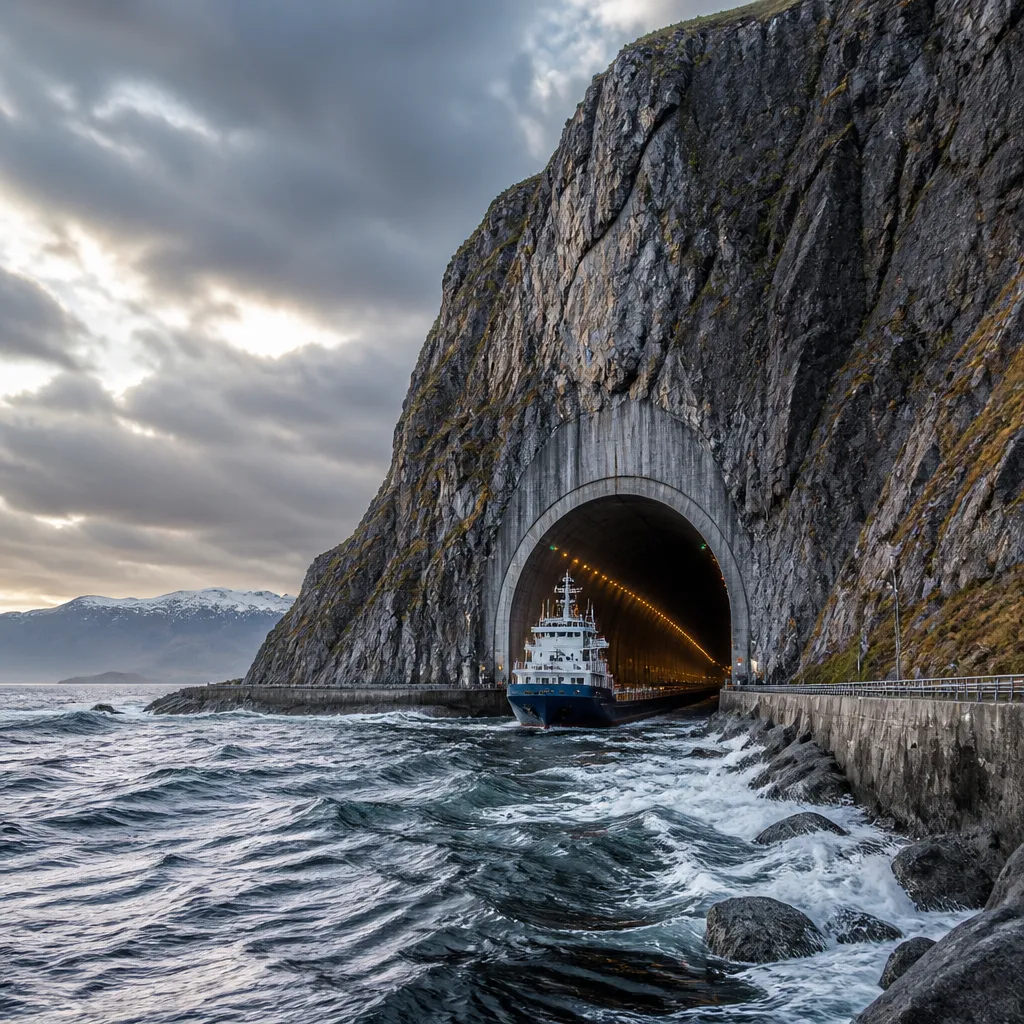 Konzeptdarstellung des Stad-Schiffstunnels an der stürmischen norwegischen Küste auf dem Weg zum Nordkap
