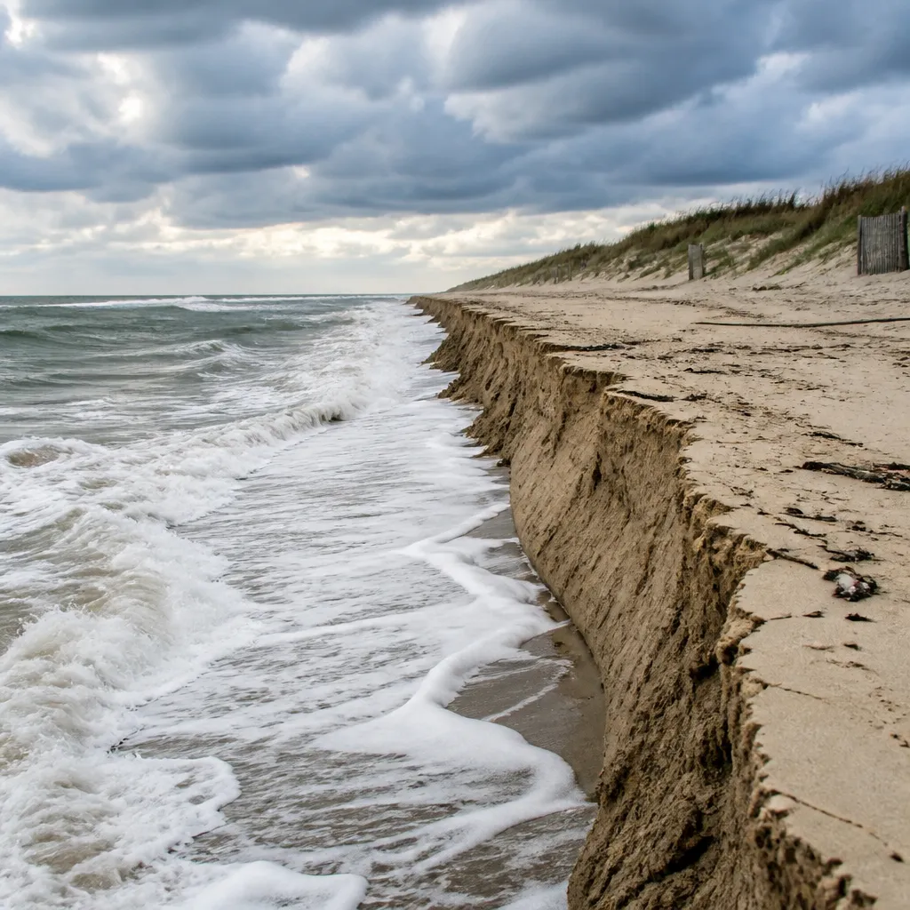 Sandstrand mit sichtbarer Erosion und abgetragener Düne bei bewölktem Himmel