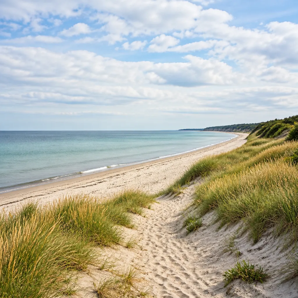 Ruhiger Strandabschnitt an der Bucht Faxe in Dänemark mit Dünen und Ostsee