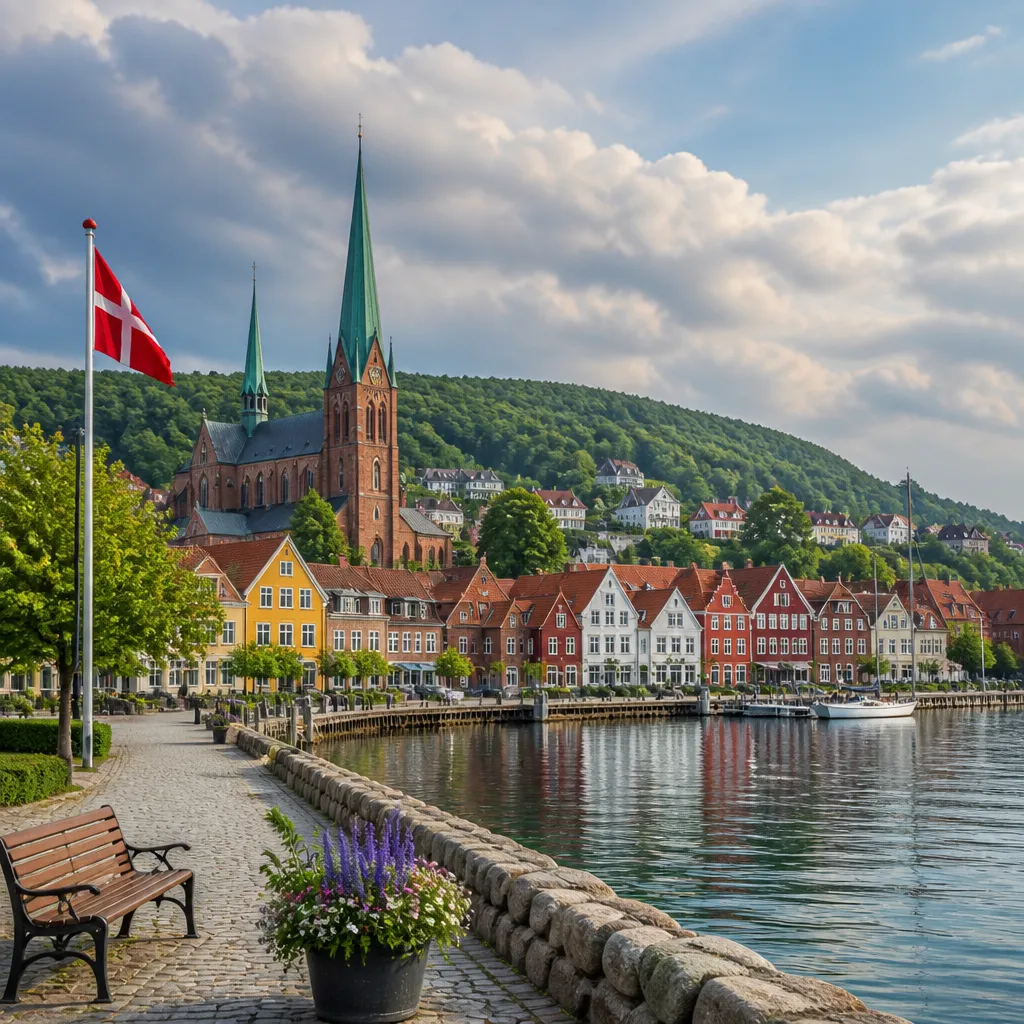 Blick auf Haderslev mit bunten Giebelhäusern, Dom und ruhigem Fjordufer
