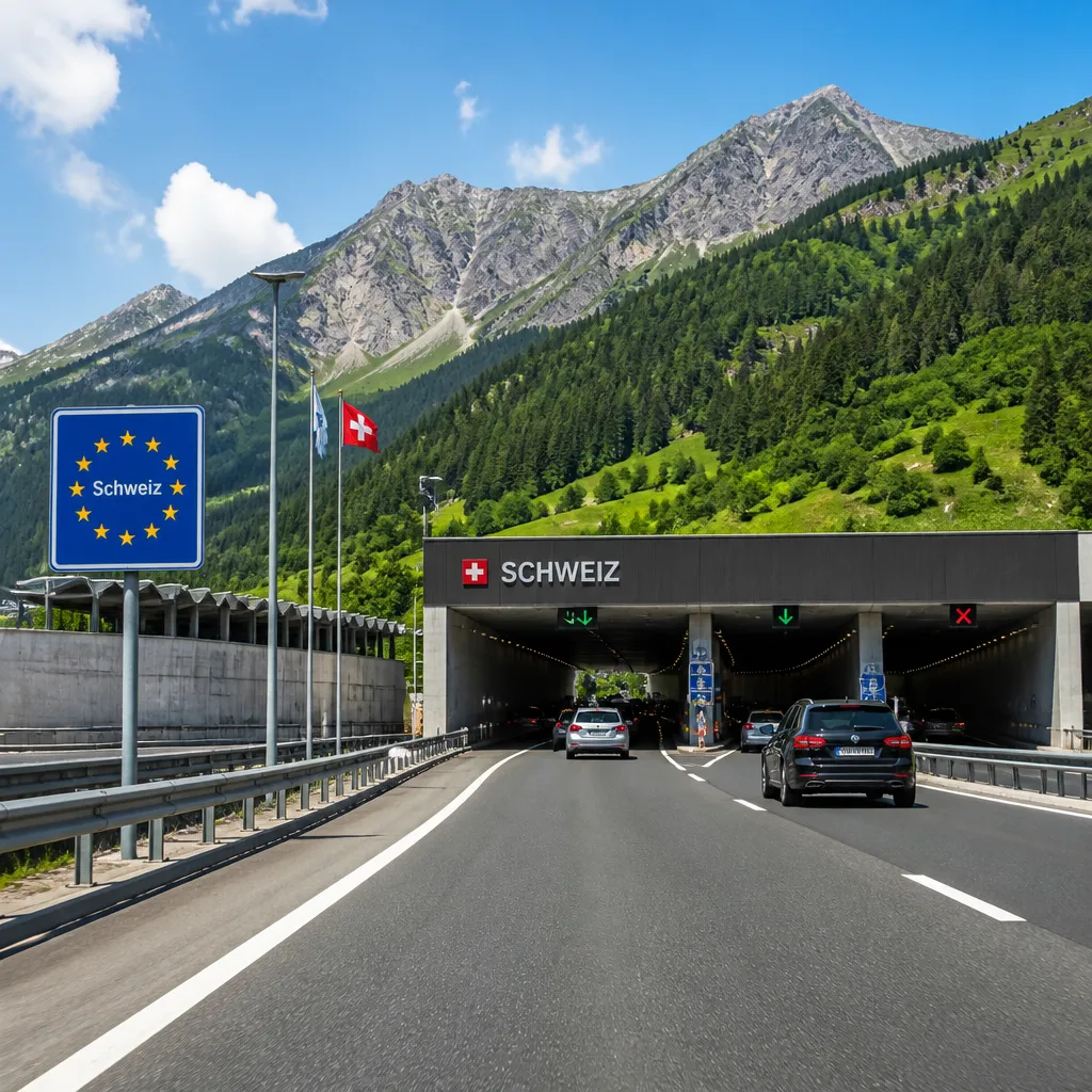 Autobahn-Grenzübergang mit Bergen im Hintergrund und Fahrzeugen auf der Straße in Slowenien