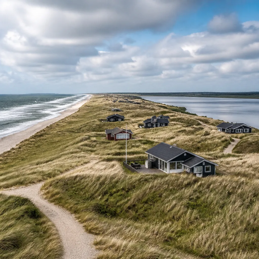 Dünenlandschaft in Årgab mit Ferienhäusern zwischen Nordsee und Ringkøbing Fjord