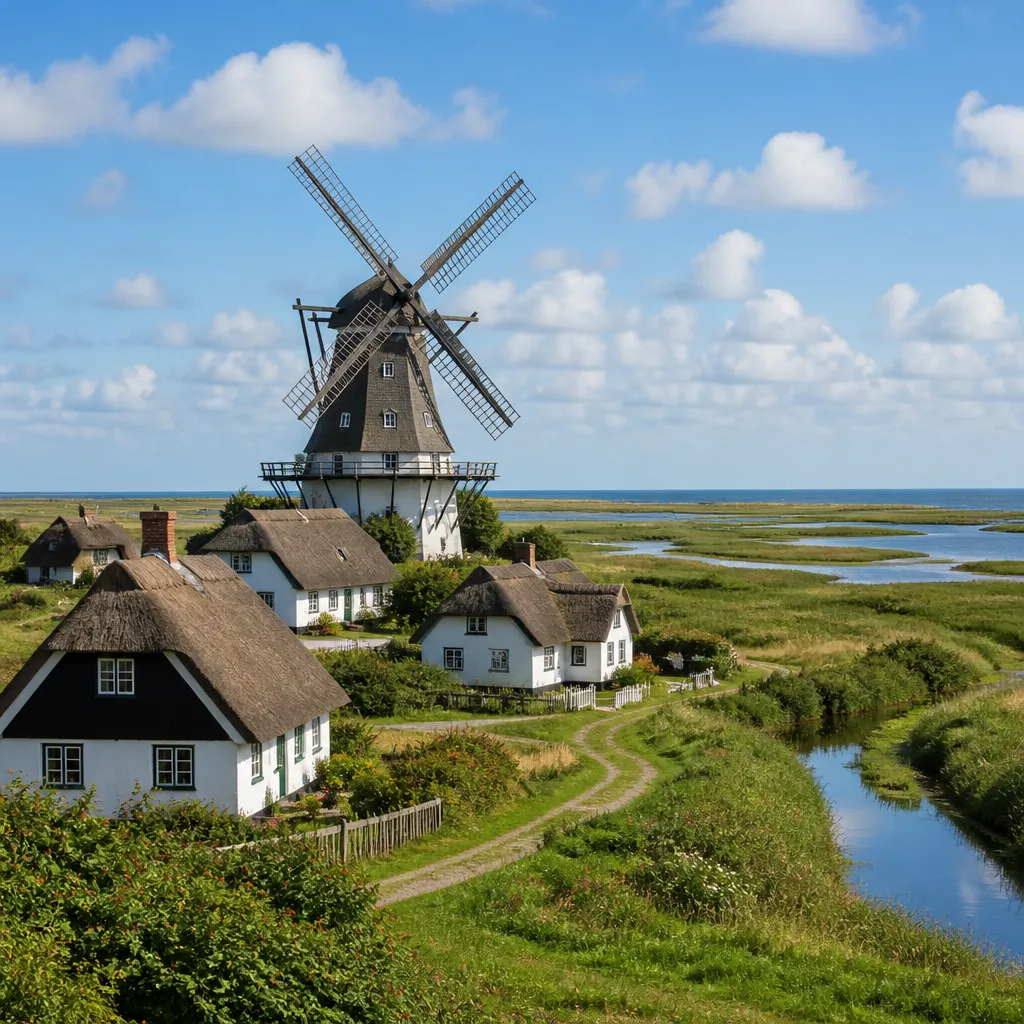 Reetgedeckte Häuser und historische Windmühle im dänischen Marschdorf Højer nahe dem Wattenmeer
