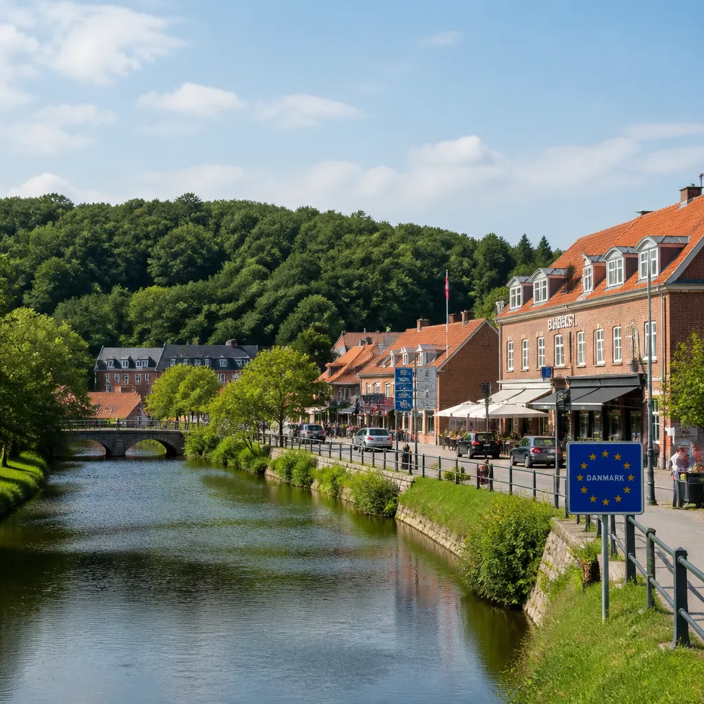 Krusau in Daenemark mit Fluss, Waldlandschaft und Grenzmarkt im Hintergrund