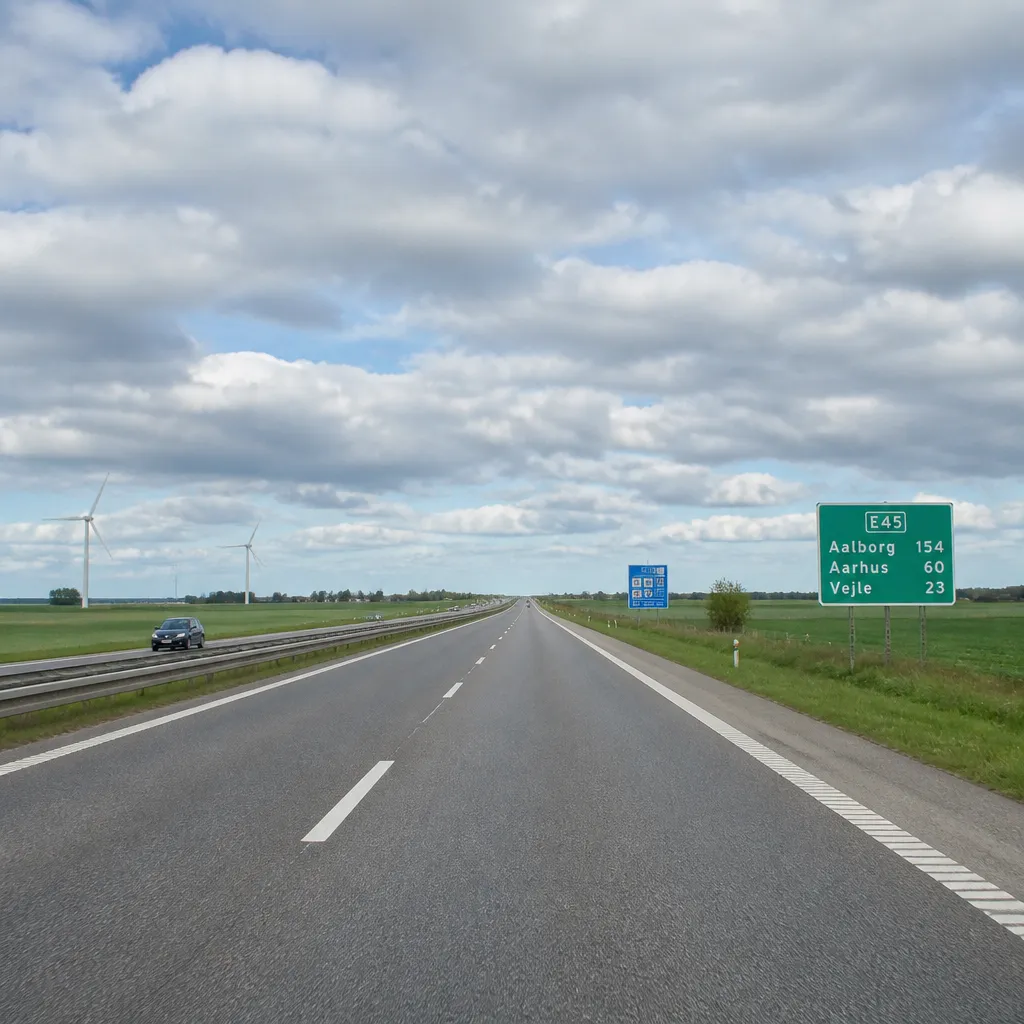Die Autobahn E45 führt geradeaus durch die flache Landschaft Jütlands in Dänemark