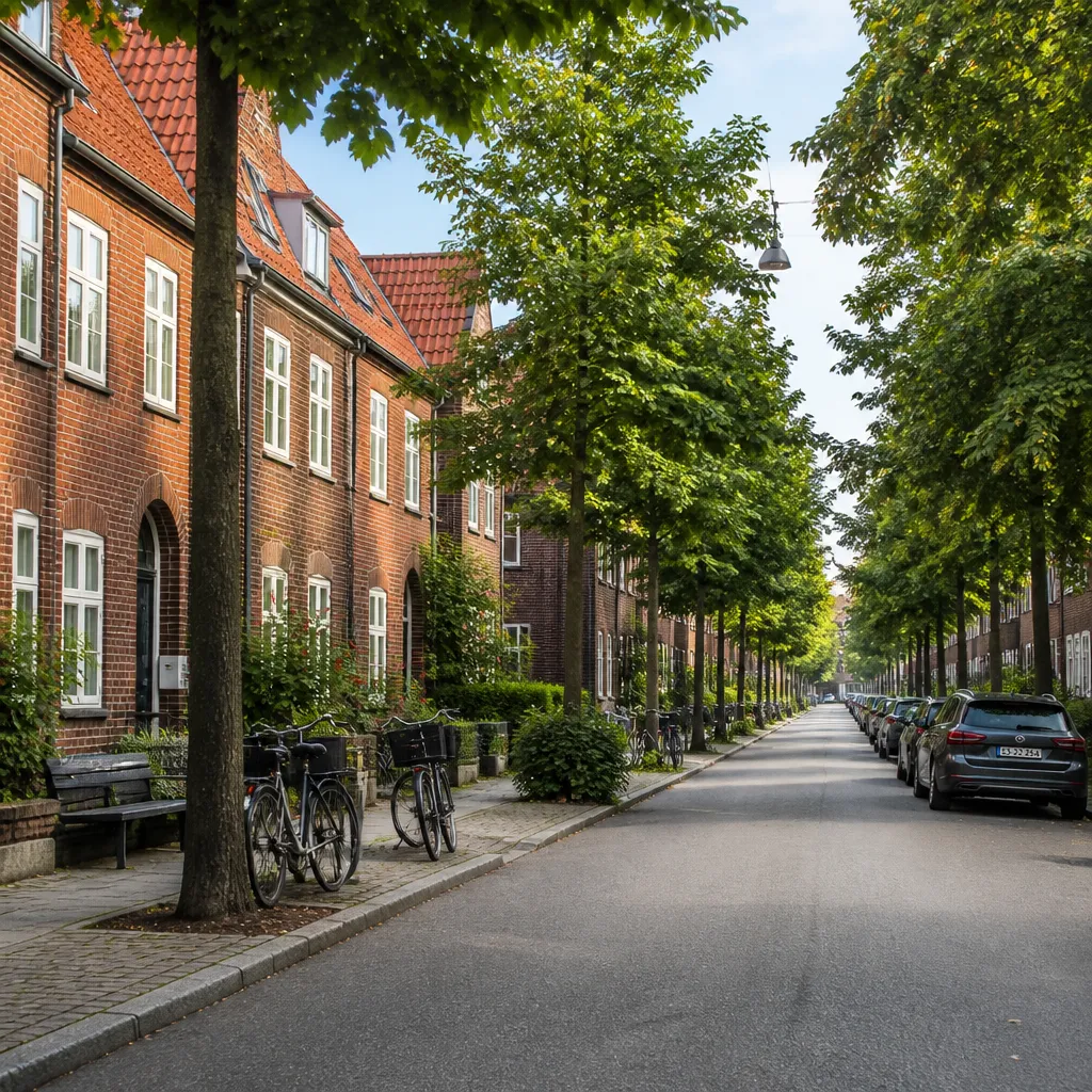 Ruhige Straße in Trøjborg mit roten Backsteinhäusern und parkenden Fahrrädern