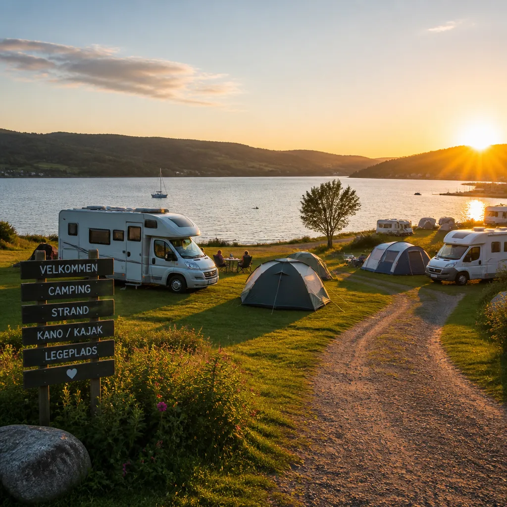 Campingplatz am Wasser der Flensburger Förde bei Brunsnæs mit Wohnmobilen und Sonnenuntergang