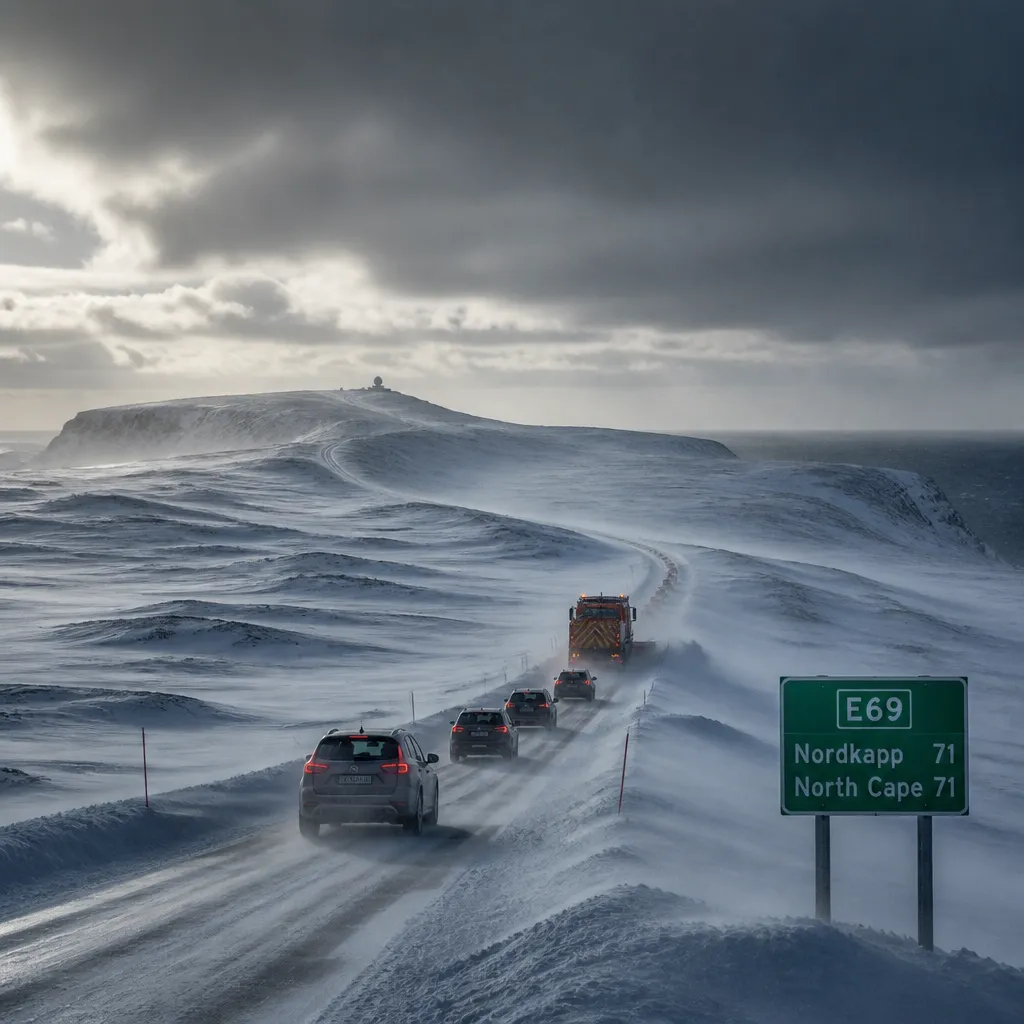 Verschneite E69 zum Nordkap mit Fahrzeugkolonne hinter einem Räumfahrzeug bei stürmischem Winterwetter