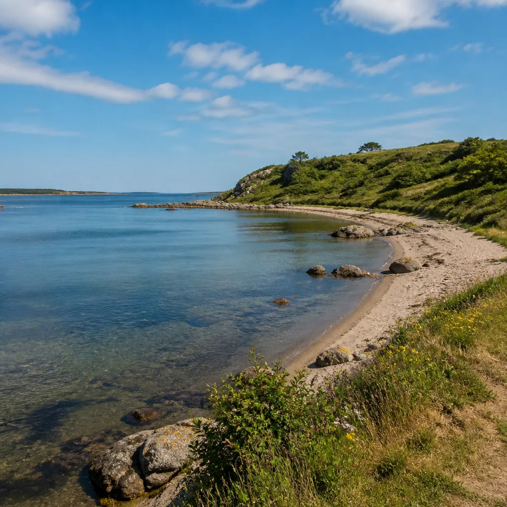 Ruhige Bucht des Vemmingbunds mit flachem Wasser und sanften Huegeln im Hintergrund