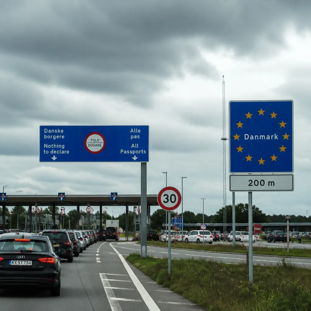 Grenzübergang zwischen Deutschland und Dänemark bei Flensburg mit wartenden Fahrzeugen