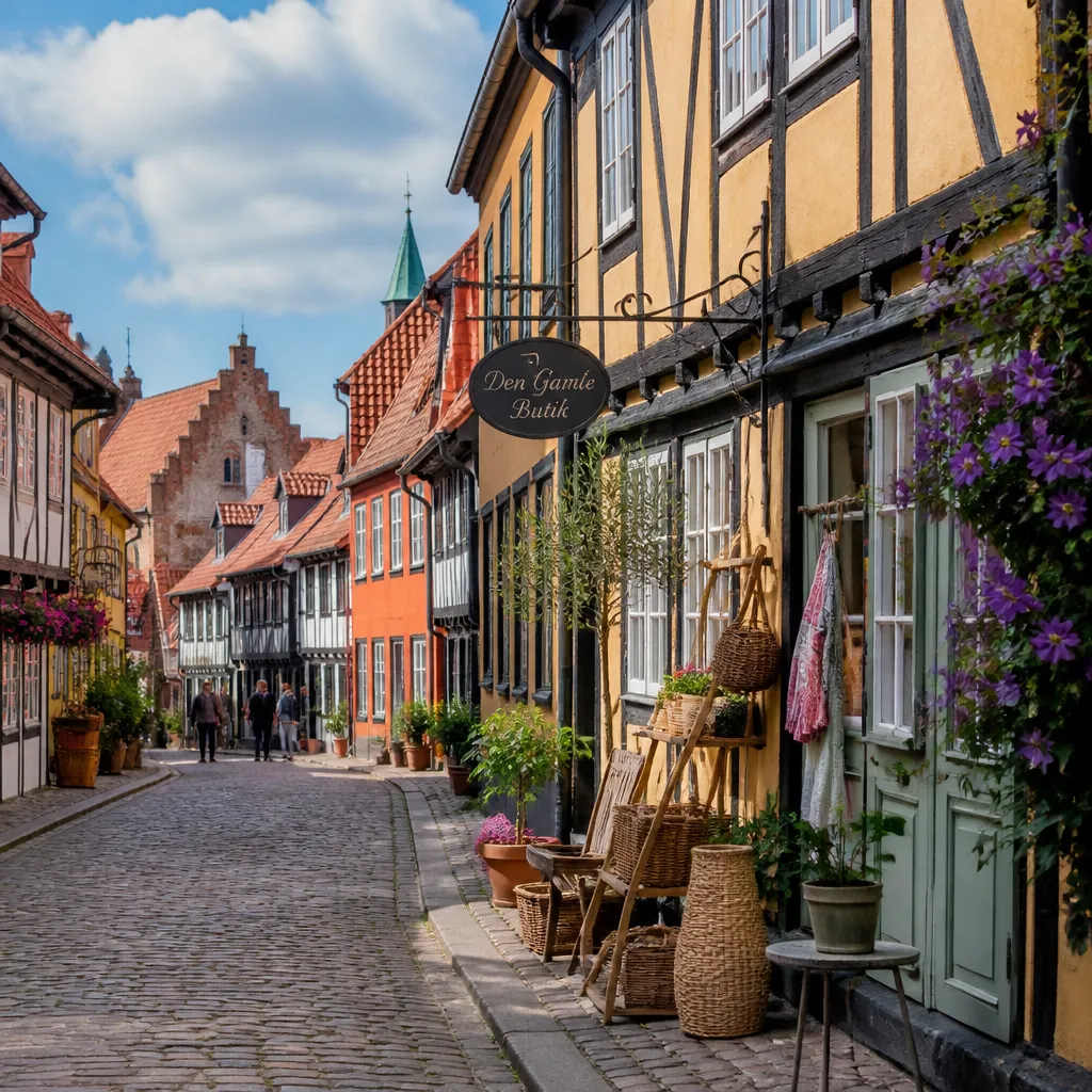 Historische Altstadt von Tondern mit bunten Fachwerkhaeusern und Kopfsteinpflaster
