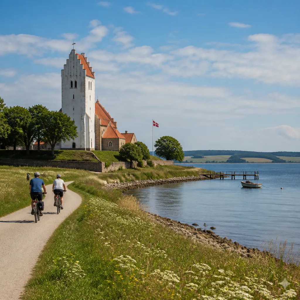 Küstenlandschaft bei Broager mit historischer Kirche und Blick auf die Flensburger Förde