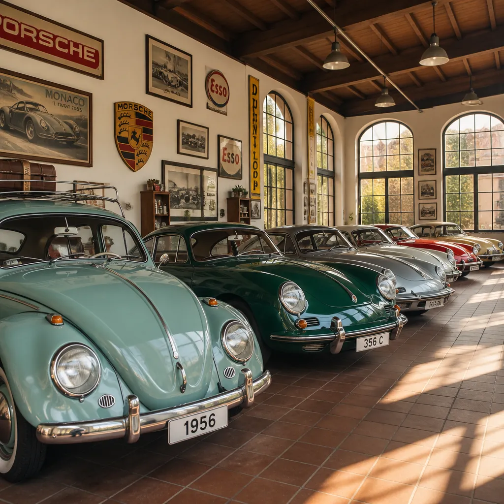 Klassische VW- und Porsche-Oldtimer stehen aufgereiht in einem Ausstellungsraum