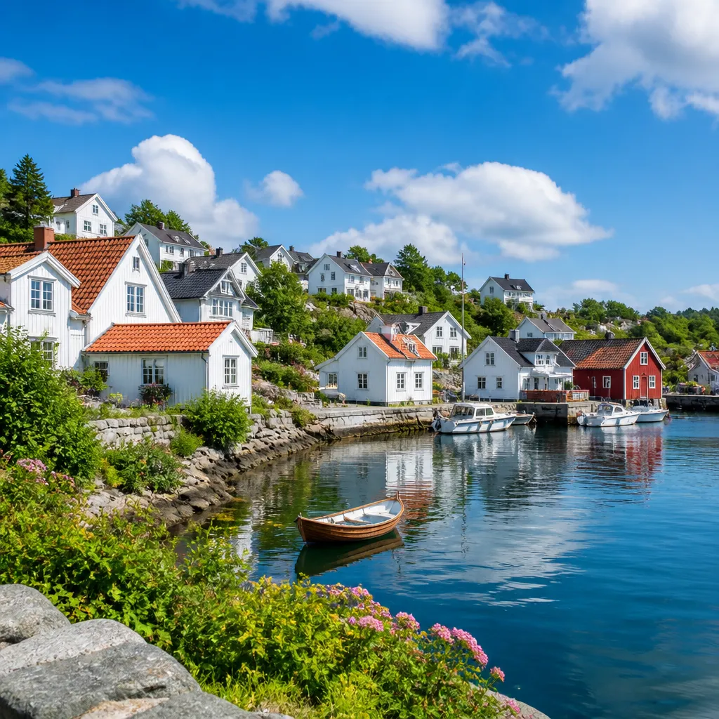 Weiße Holzhäuser an einer ruhigen Bucht in der Küstenregion Sørlandet in Norwegen