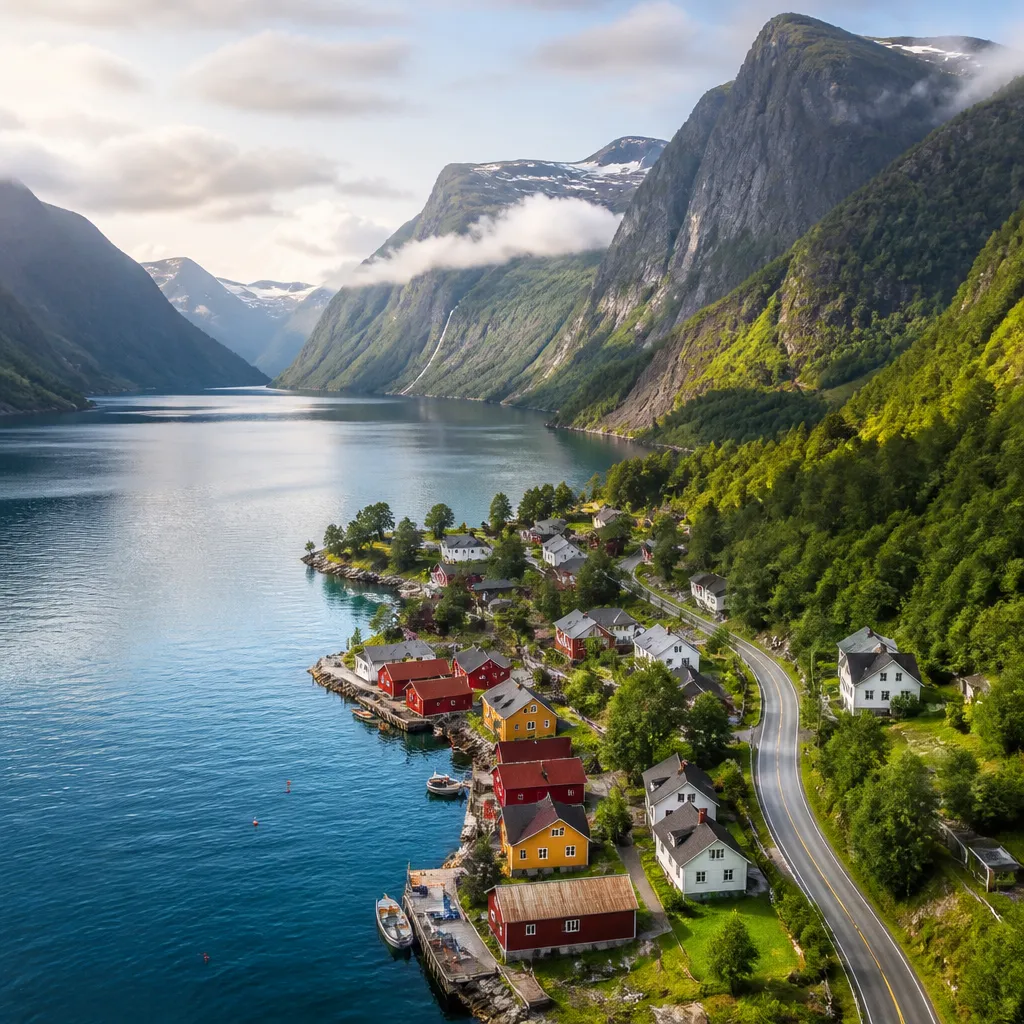 Panoramablick auf einen norwegischen Fjord mit steilen Bergen und kleinen Holzhäusern am Ufer