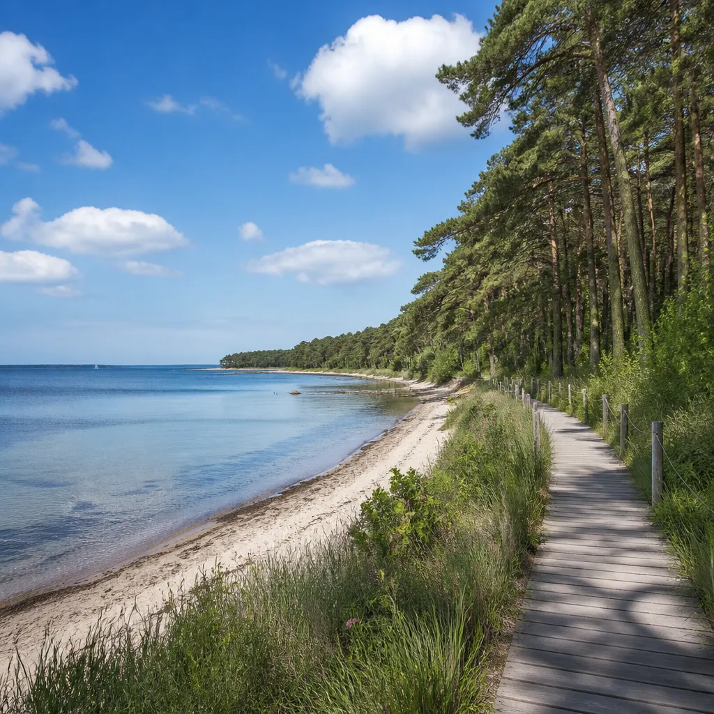 Ruhiger Strand von Kollund an der Flensburger Förde mit Wald und Wanderweg am Wasser