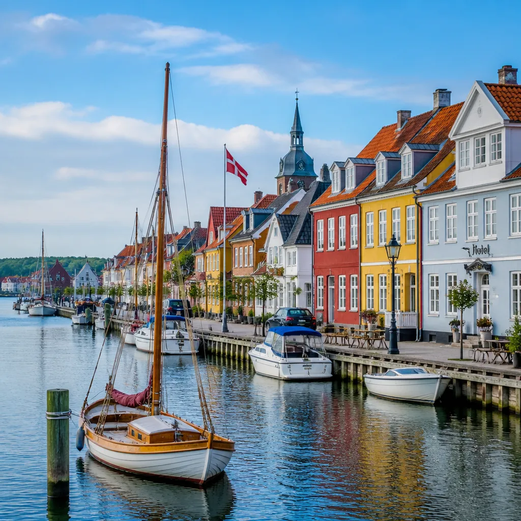 Blick auf Sønderborg am Alsensund mit Promenade und bunten Häusern