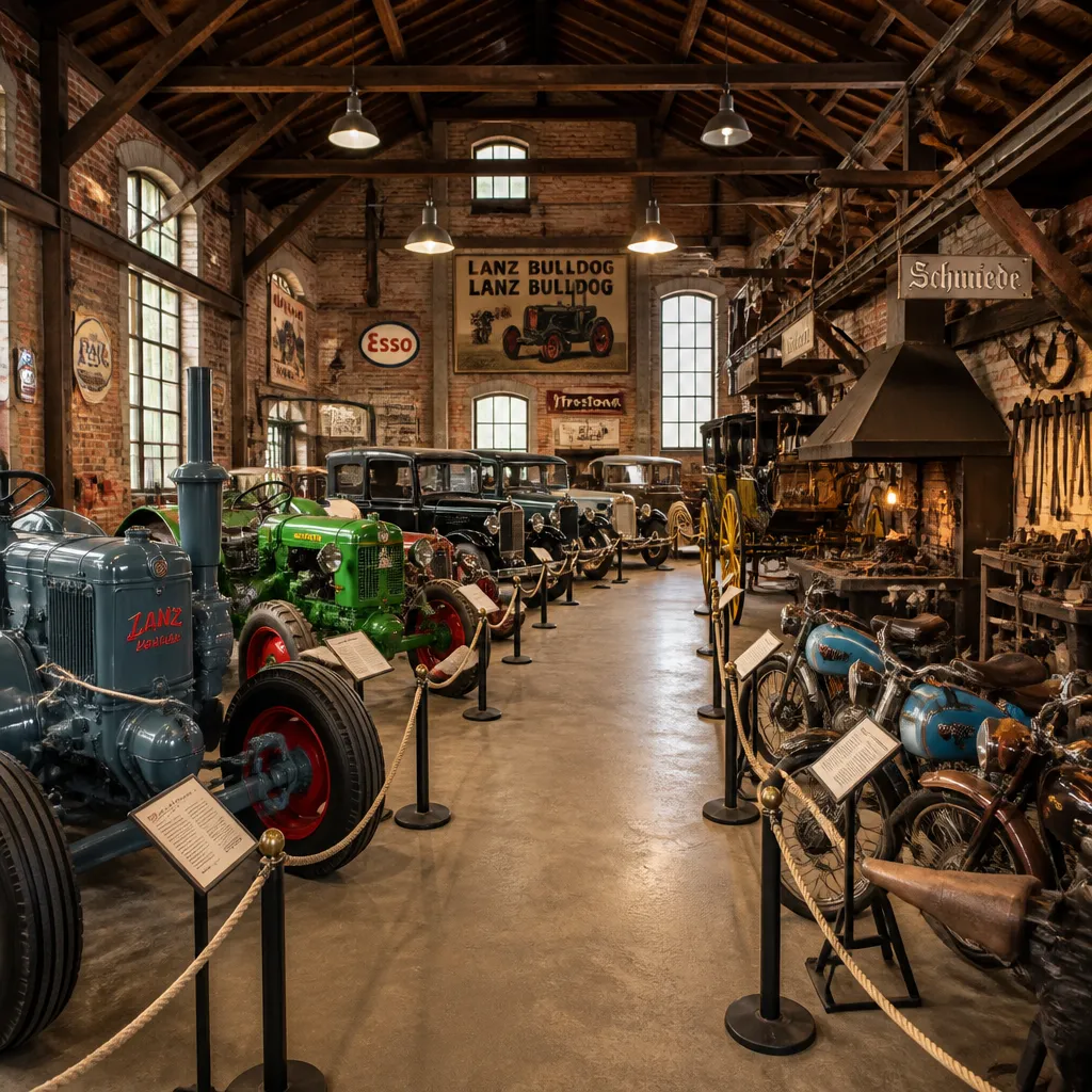 Alte Fabrikhalle mit historischen Traktoren und Oldtimern im Mekanisk Museum Sønderjylland