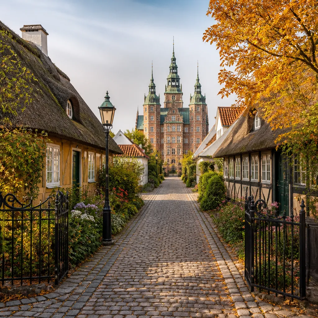 Kopfsteingepflasterte Dorfstraße in Møgeltønder mit reetgedeckten Häusern und Blick auf Schloss Schackenborg