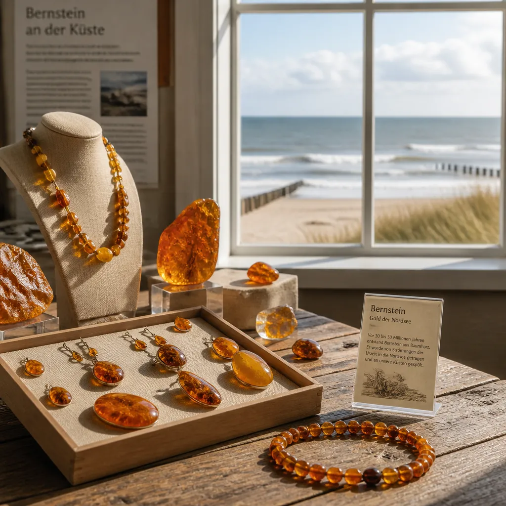 Bernsteine und Schmuckstücke ausgestellt in einem Museum an der dänischen Nordseeküste