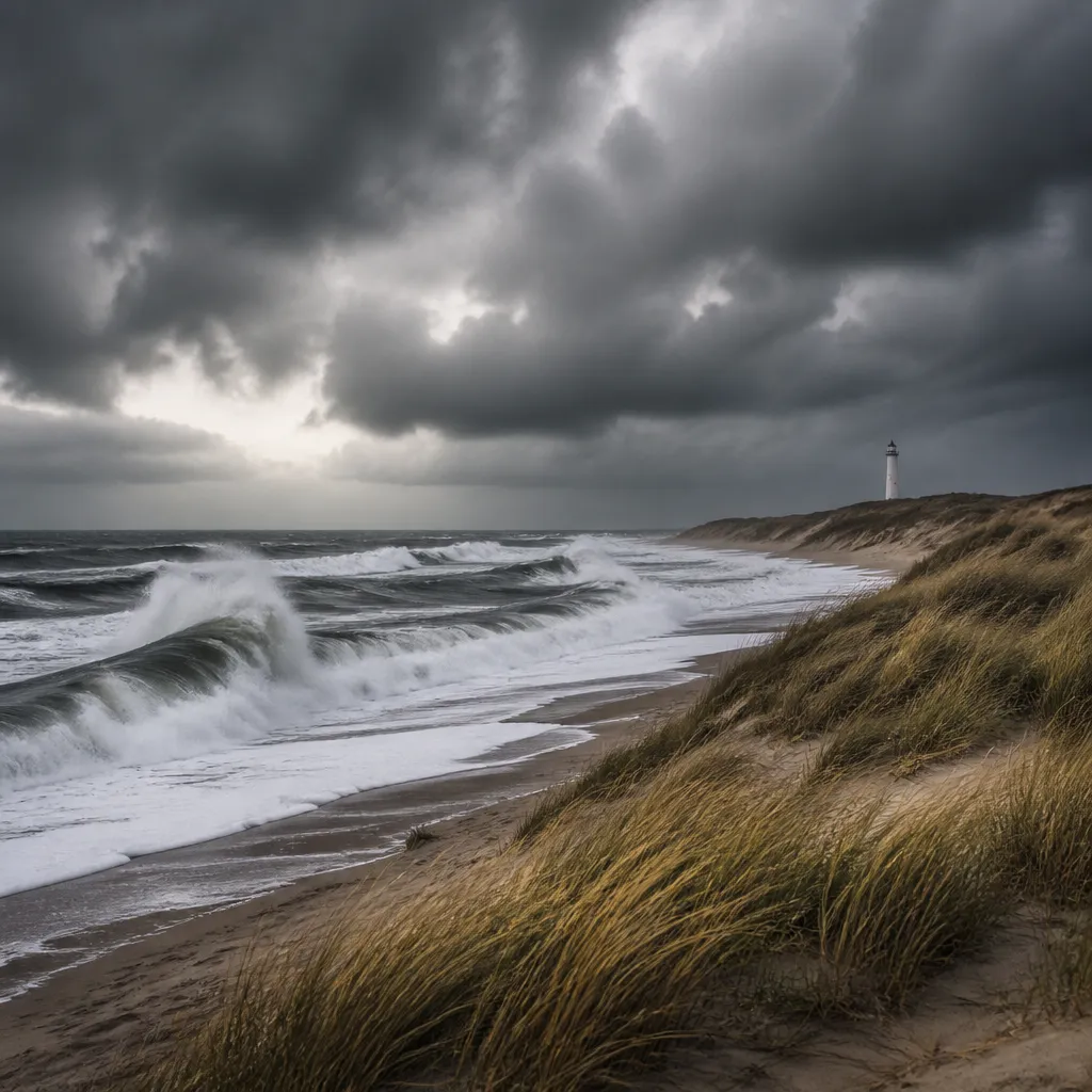 Sturmflut an der dänischen Nordseeküste mit hohen Wellen und dunklen Sturmwolken