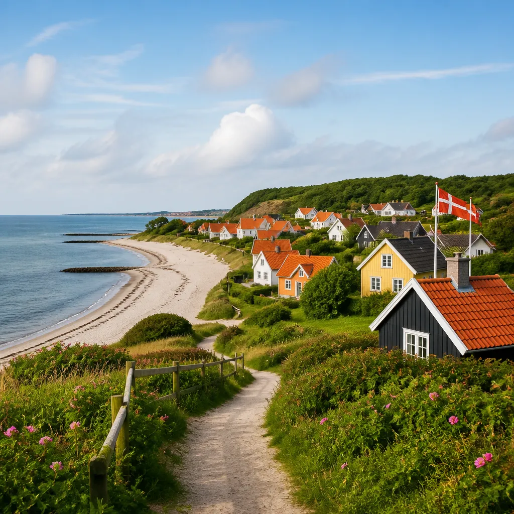 Ruhiges dänisches Küstendorf mit Sandstrand und grüner Naturlandschaft auf der Insel Als