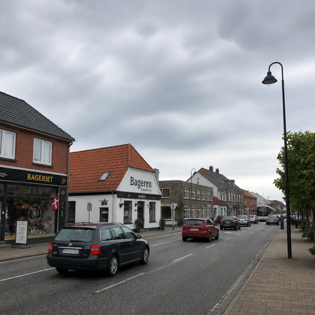 Straße in Padborg mit Bäckerei und typisch bewölktem nordischem Himmel