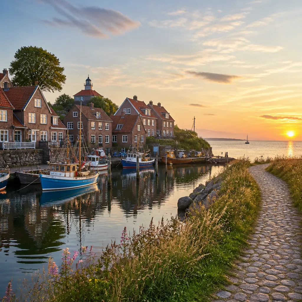 Kleiner Hafen in Maasholm mit Fischerbooten und historischen Häusern zwischen Schlei und Ostsee