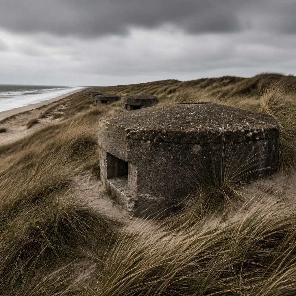 Grauer Bunker des Atlantikwalls halb im Sand der Dünen an der dänischen Nordseeküste