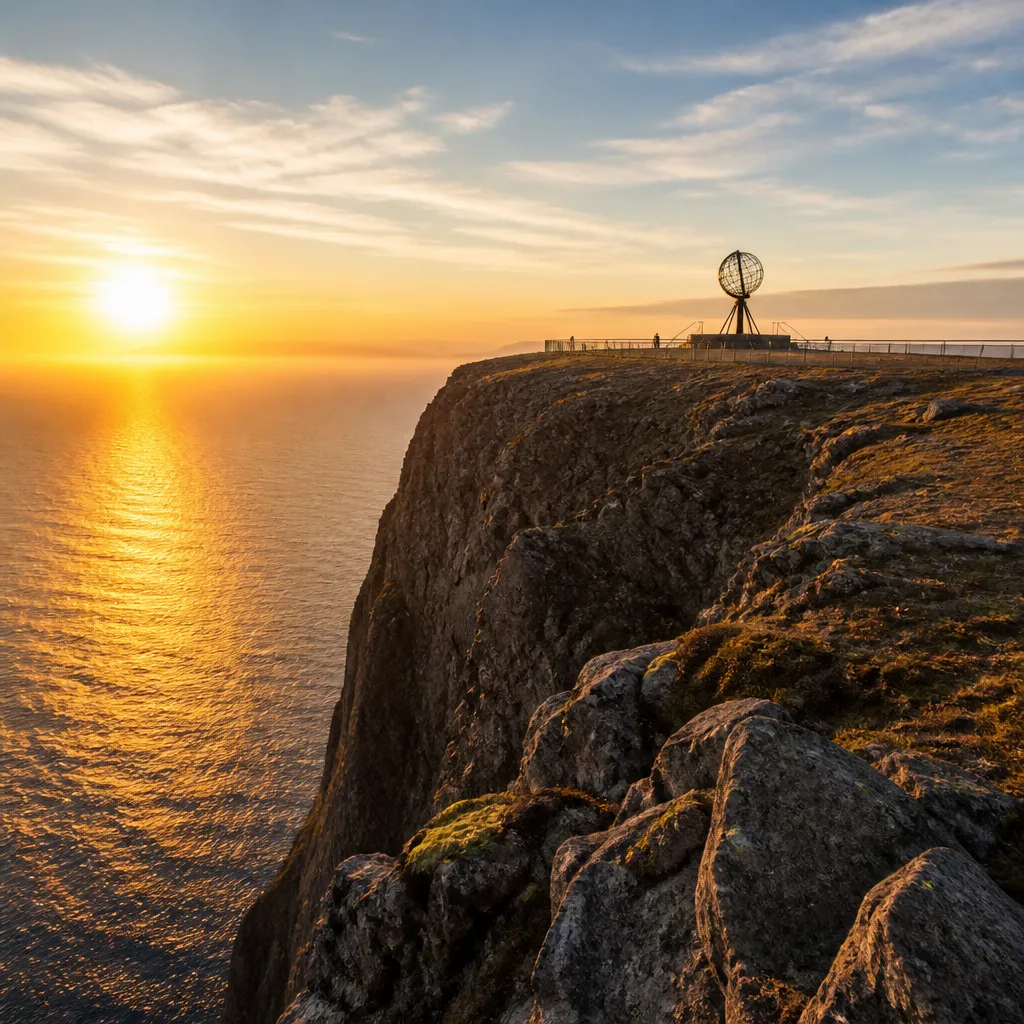 Felsplateau am Nordkapp mit Blick auf die Barentssee unter der Mitternachtssonne