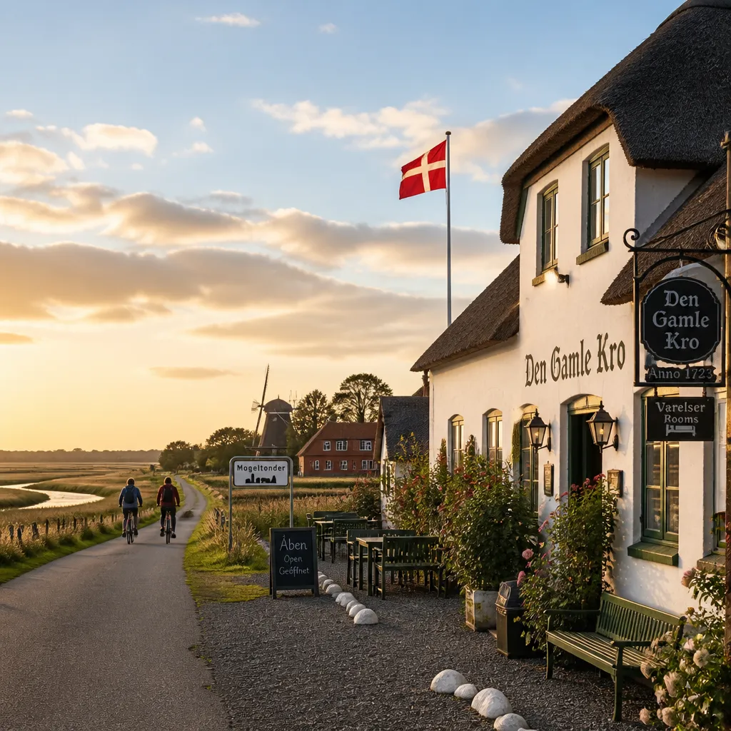 Traditioneller Gasthof in Rudbøl mit Marschlandschaft an der deutsch-daenischen Grenze