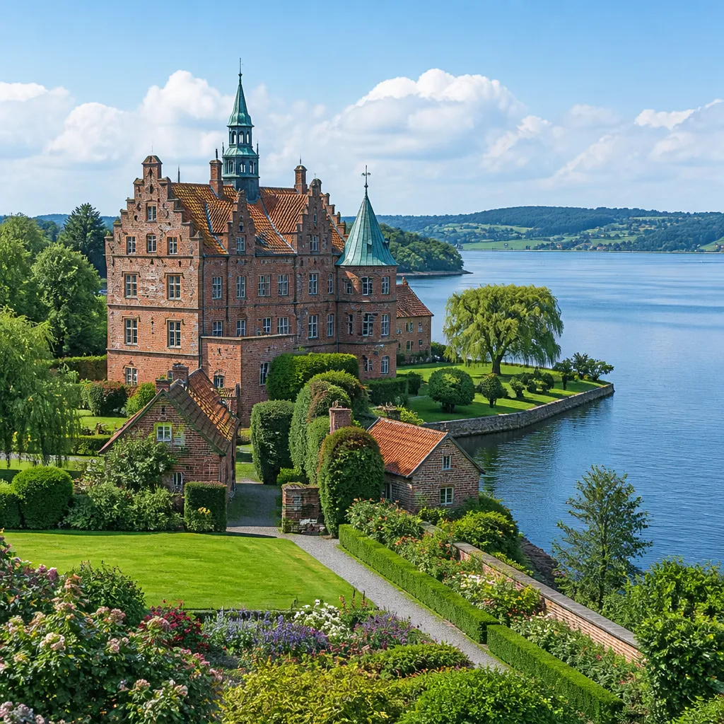 Schloss Gråsten am See mit grüner Parklandschaft in Südjütland, Dänemark