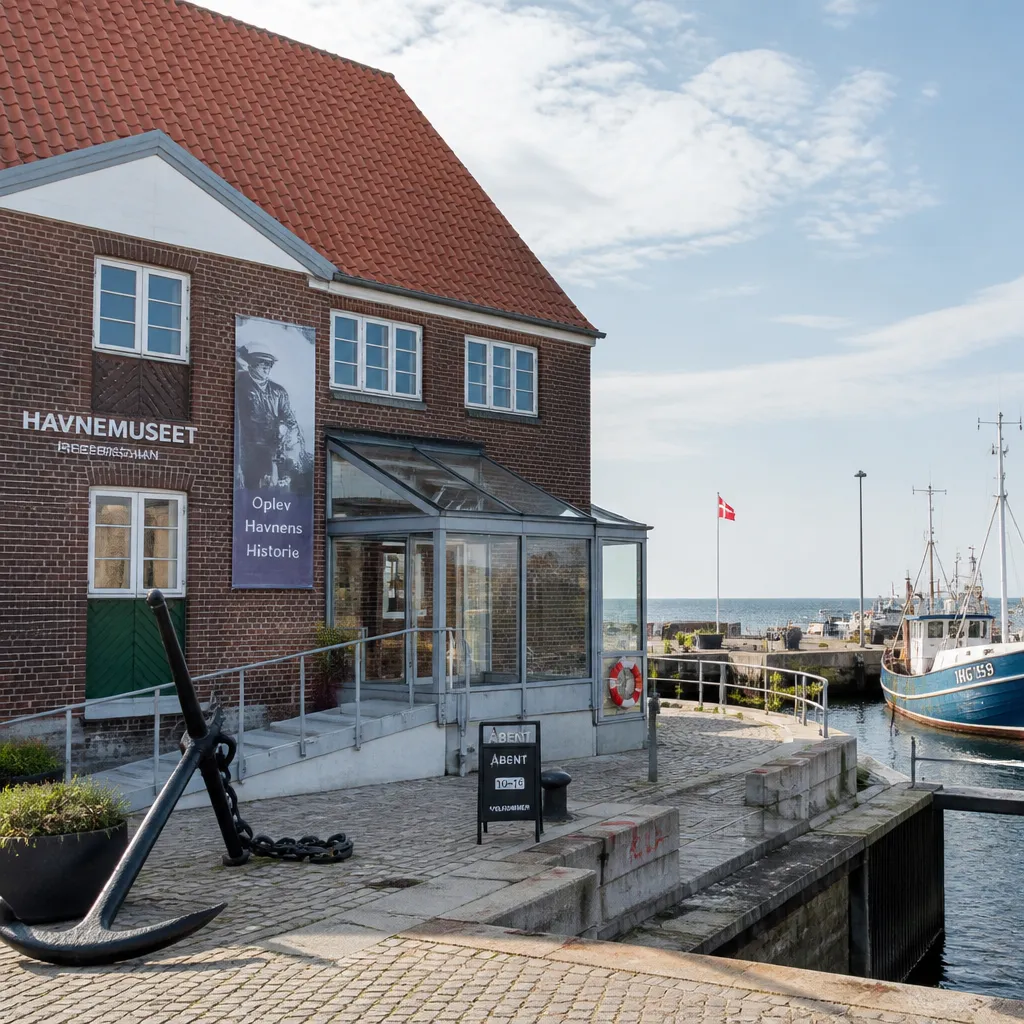 Fiskeriets Hus Museum an der Schleuse in Hvide Sande mit Fischereihafen im Hintergrund